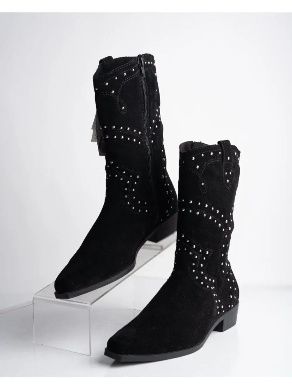 Zara Womens Studded Suede Western Boots Cowboy Black US 7.5 EU 38 NWT
